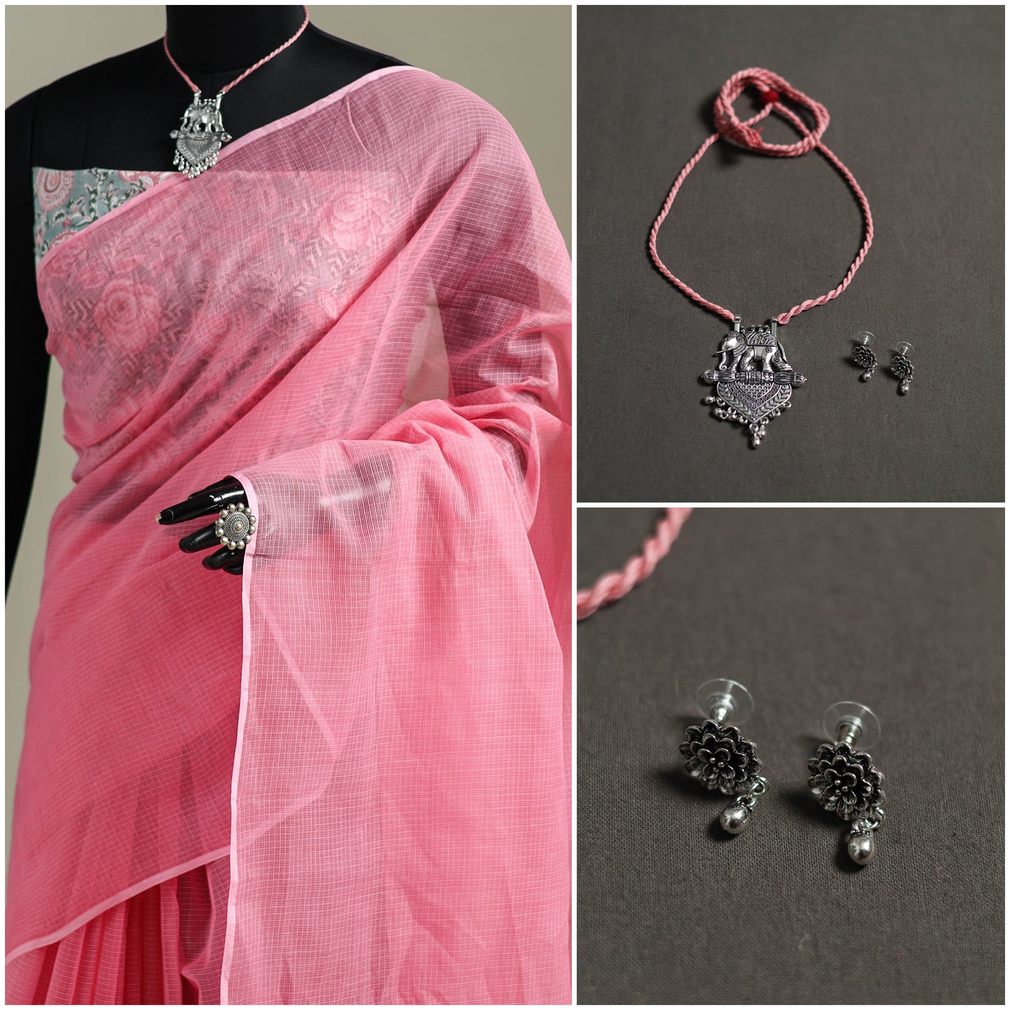 Pink - Nazaakat Kota Doria Cotton Plain Saree with Blouse & Jewellery Set 115