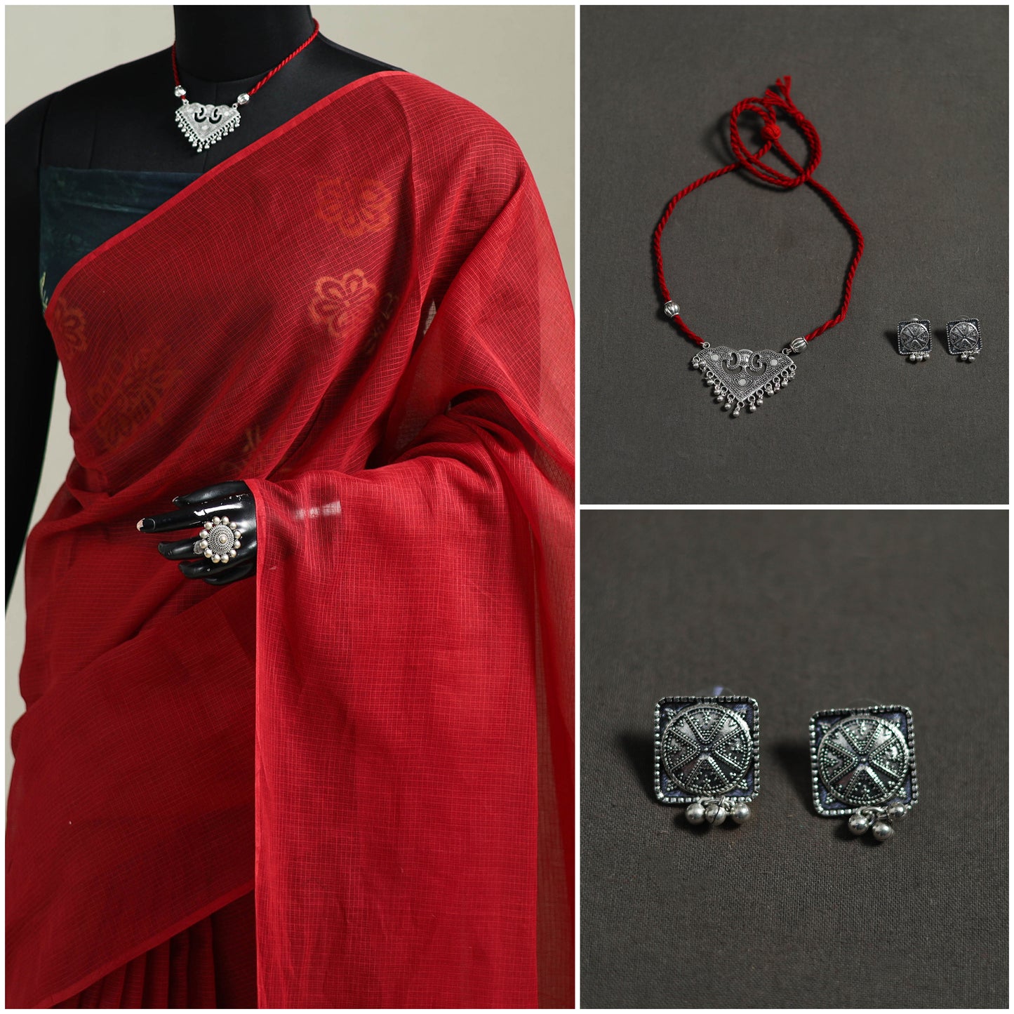 Red - Nazaakat Kota Doria Cotton Plain Saree with Blouse & Jewellery Set 155