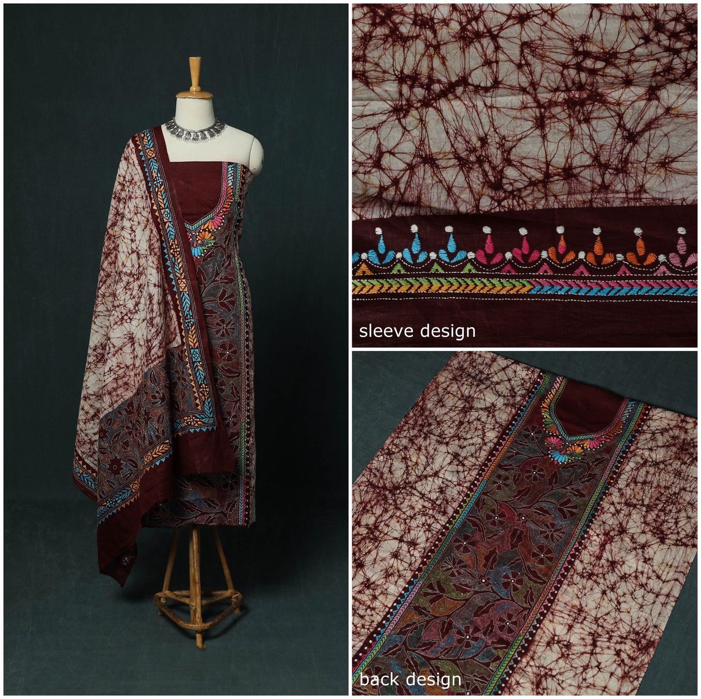 Bengal Kantha Work Cotton 3pc Unstitched Batik Print Dress Material Suit Set 16
