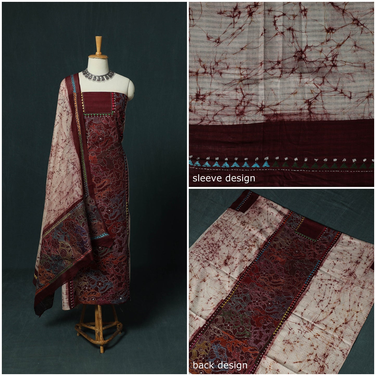 Bengal Kantha Work Cotton 2pc Unstitched Batik Print Dress Material Kurta Set 13