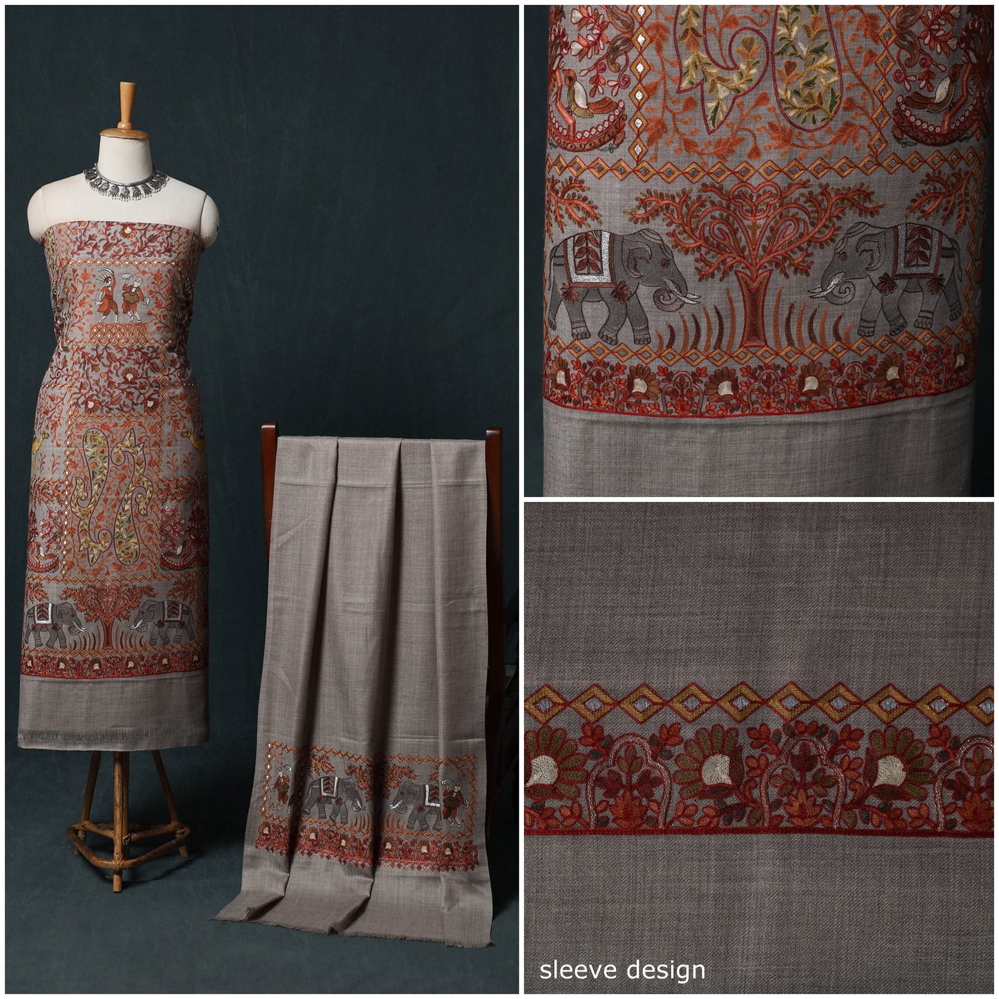 3pc Heavy Chain Stitch Embroidered Wool Unstitched Dress Material Suit Set 07