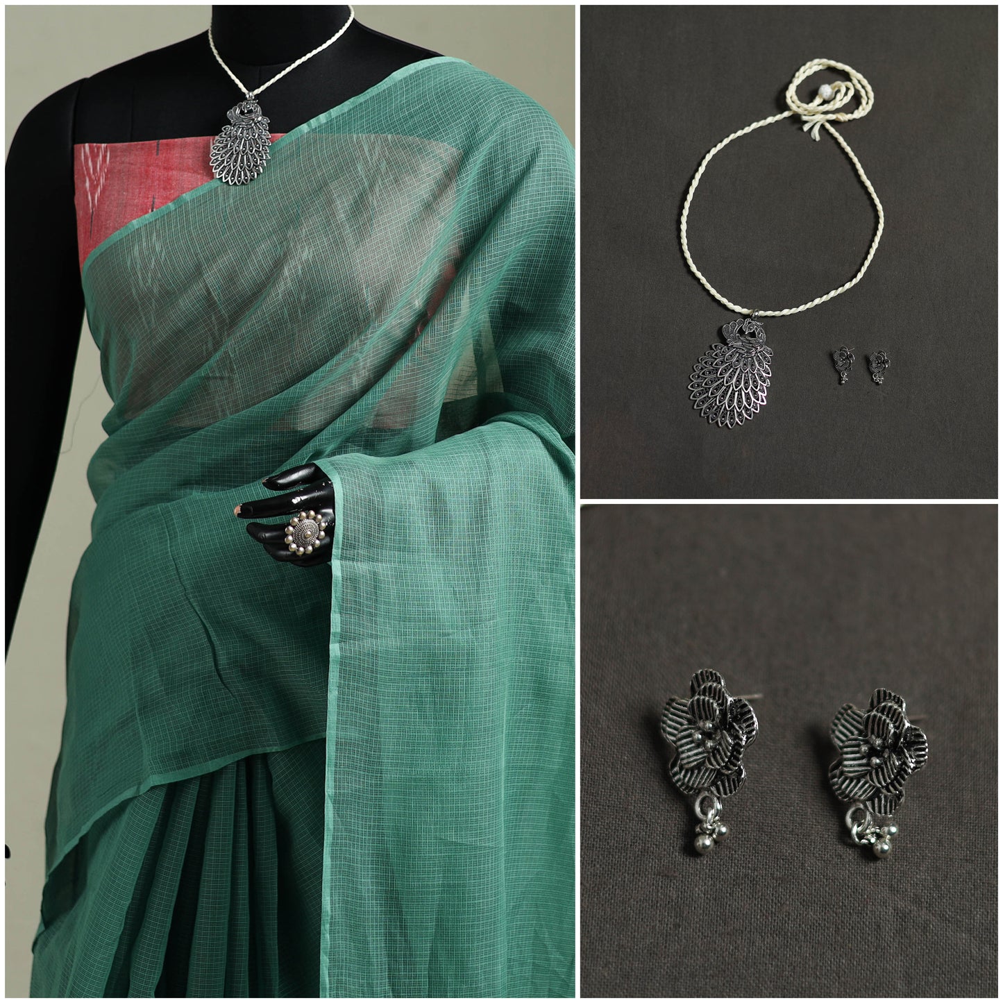 Green - Nazaakat Kota Doria Cotton Plain Saree with Blouse & Jewellery Set 23