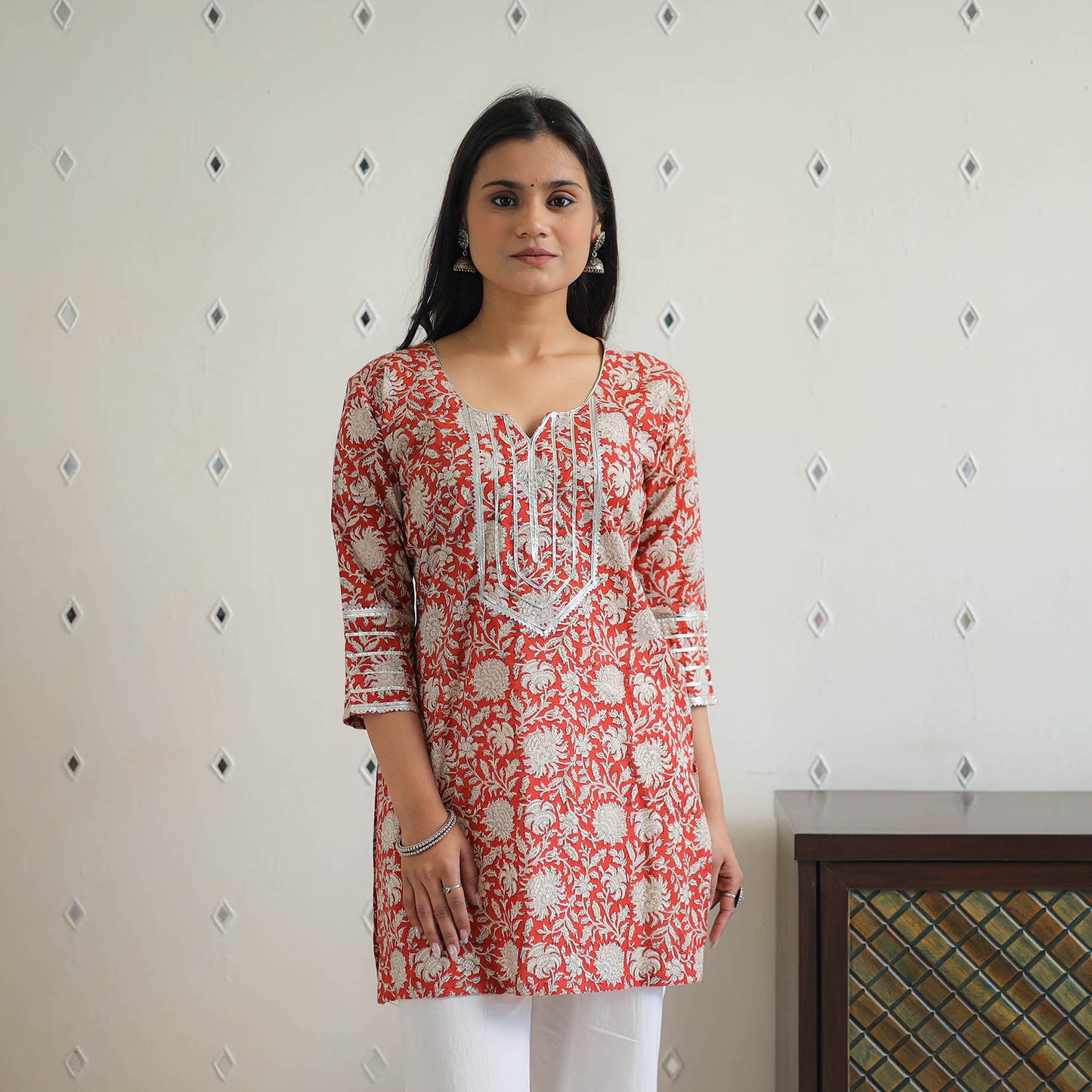Red Block Printed Cotton Gota Work Short Bagru Kurta