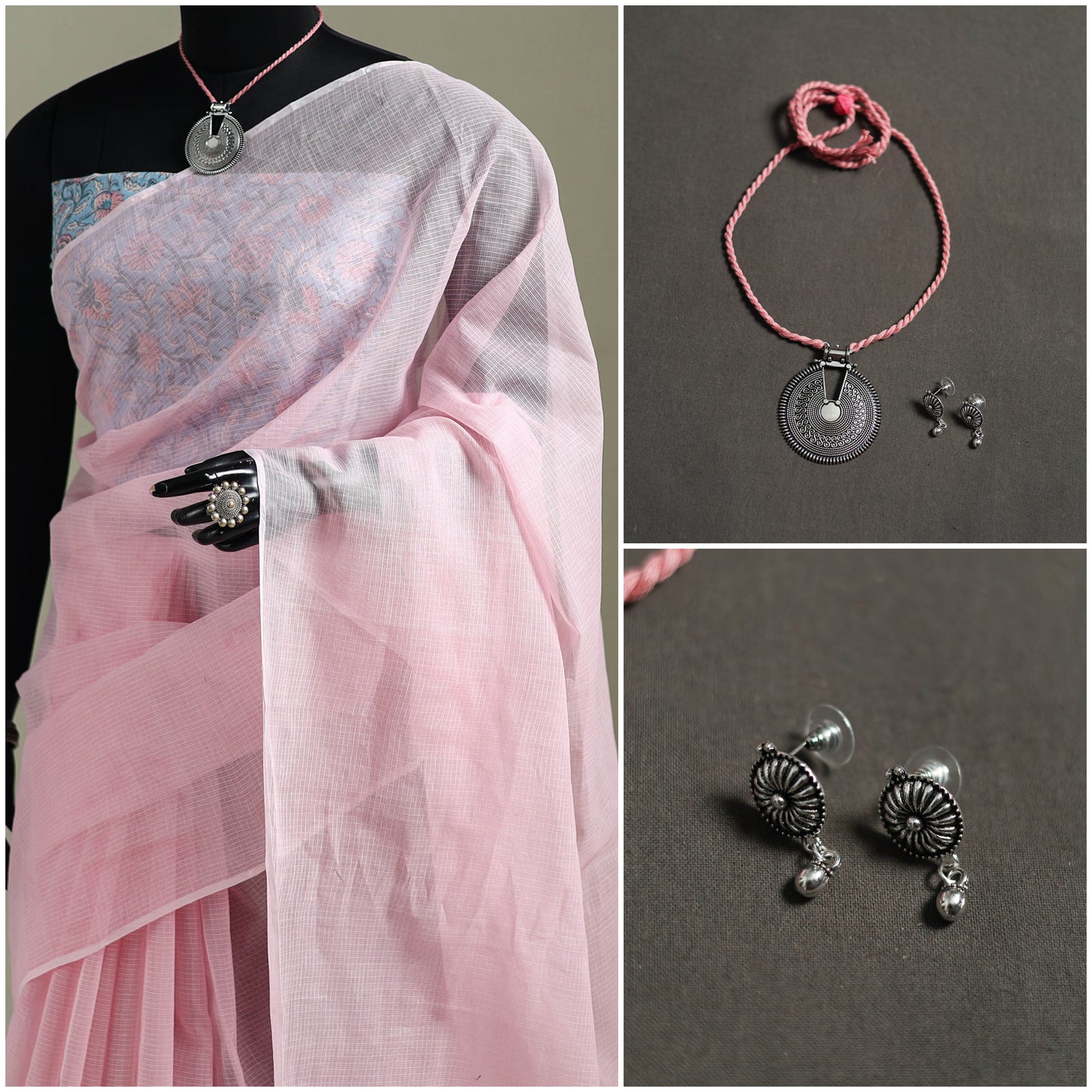 Pink - Nazaakat Kota Doria Cotton Plain Saree with Blouse & Jewellery Set 117