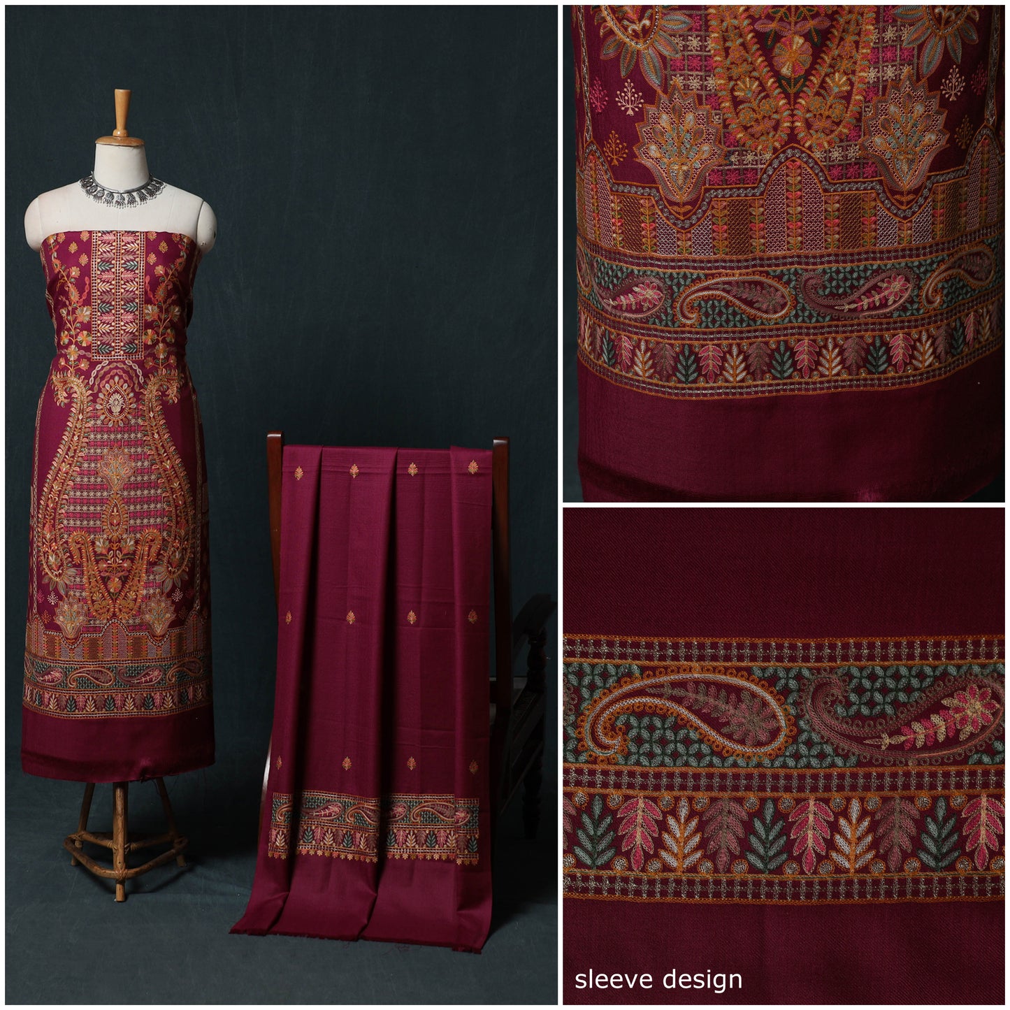3pc Heavy Chain Stitch Embroidered Wool Unstitched Dress Material Suit Set 68