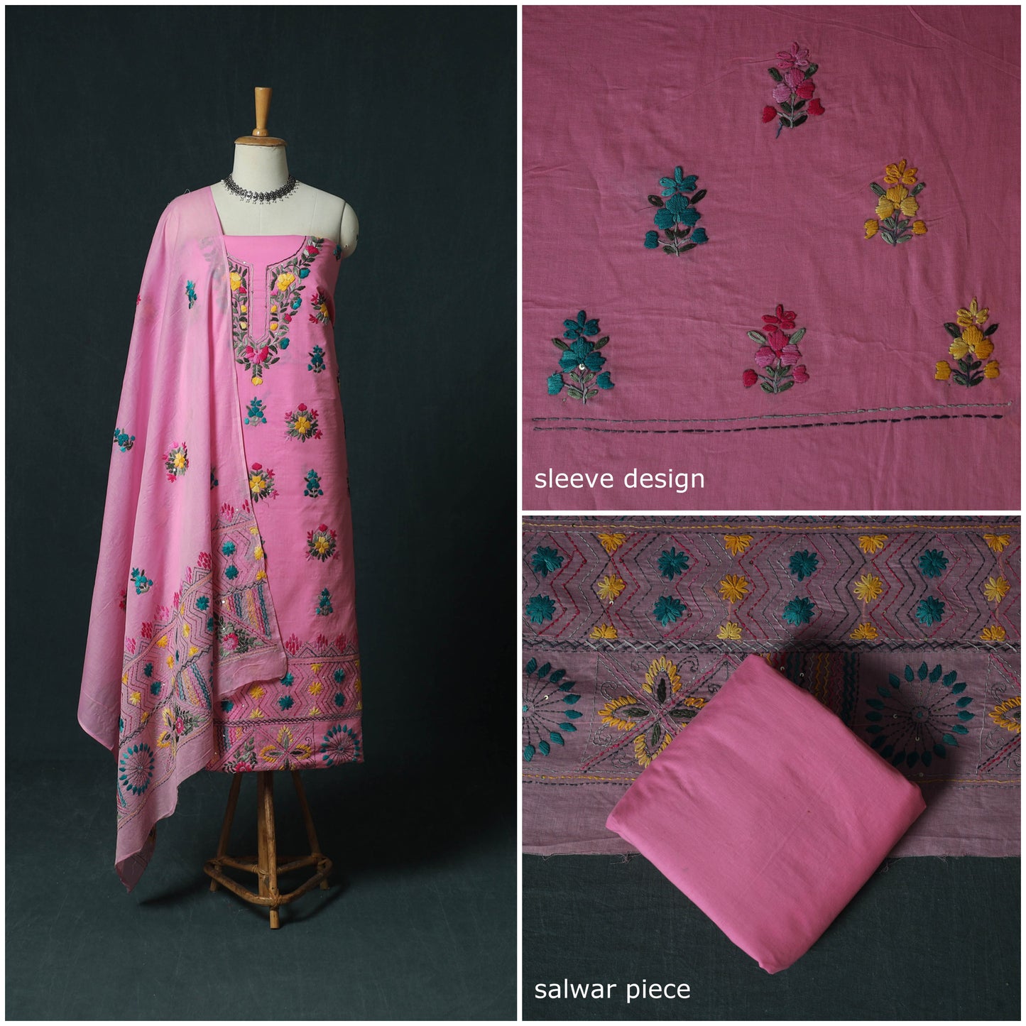 Pink - Hand Embroidered Cotton 3pc Unstitched Dress Material 54
