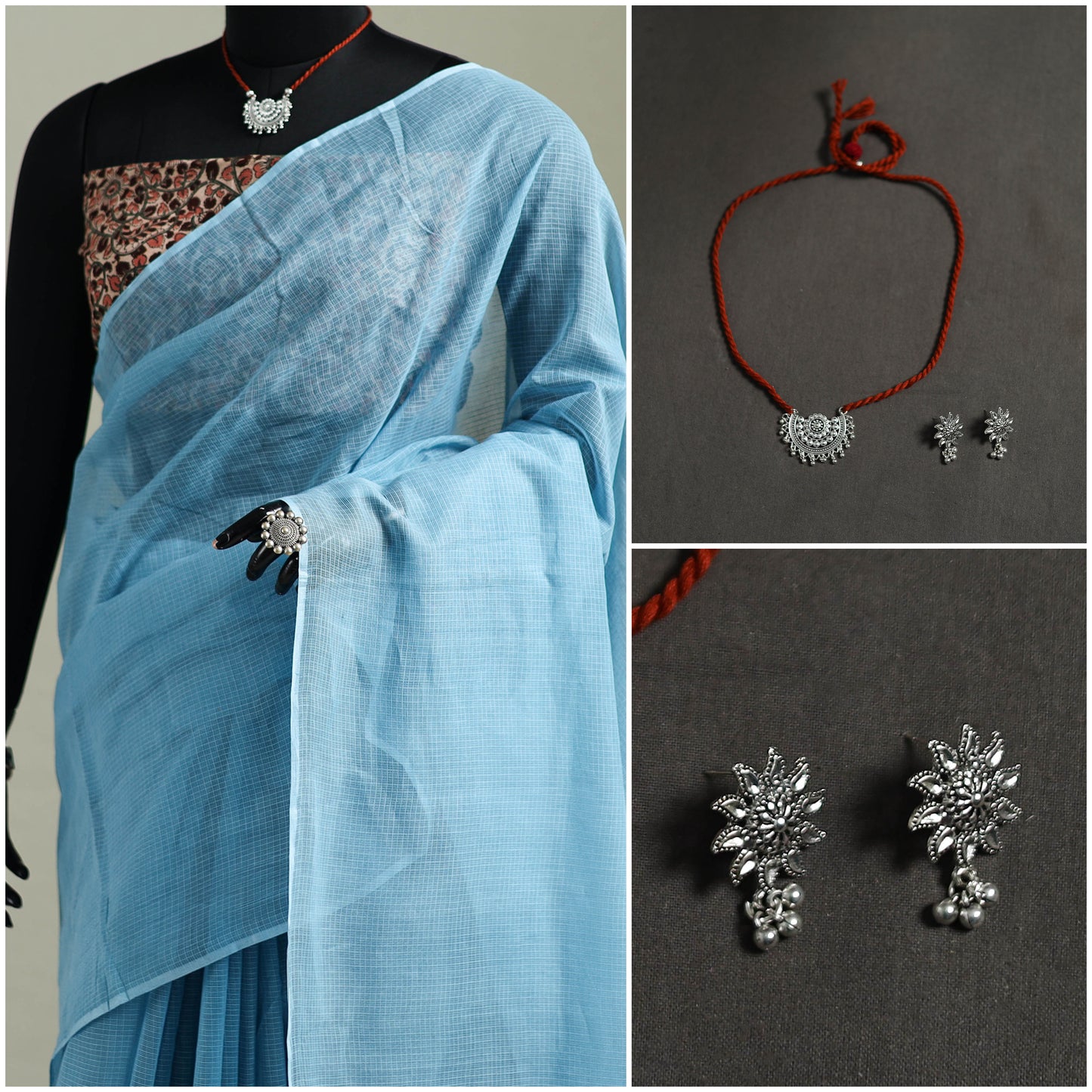 Blue - Nazaakat Kota Doria Cotton Plain Saree with Blouse & Jewellery Set 52