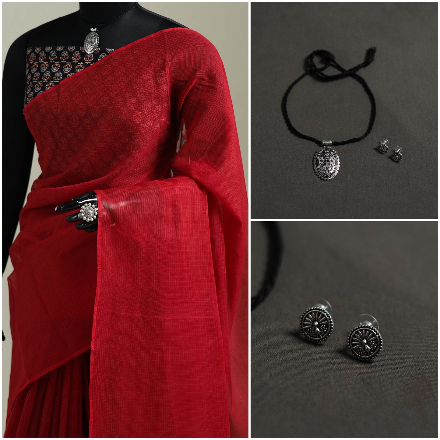 Red - Nazaakat Kota Doria Cotton Plain Saree with Blouse & Jewellery Set 186