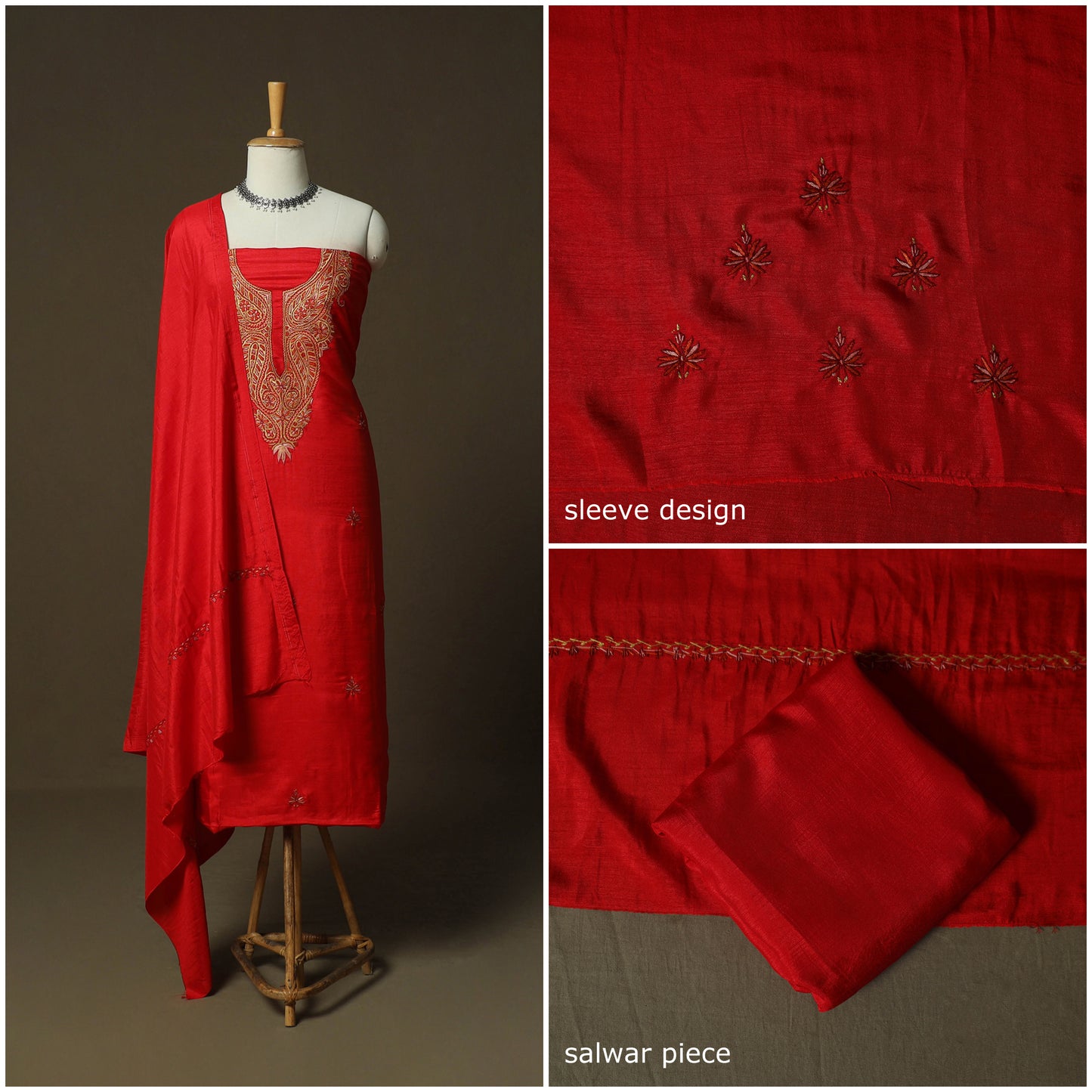 Red - Sozni Hand Embroidery Pure Silk 3pc Unstitched Dress Material Suit Set 35