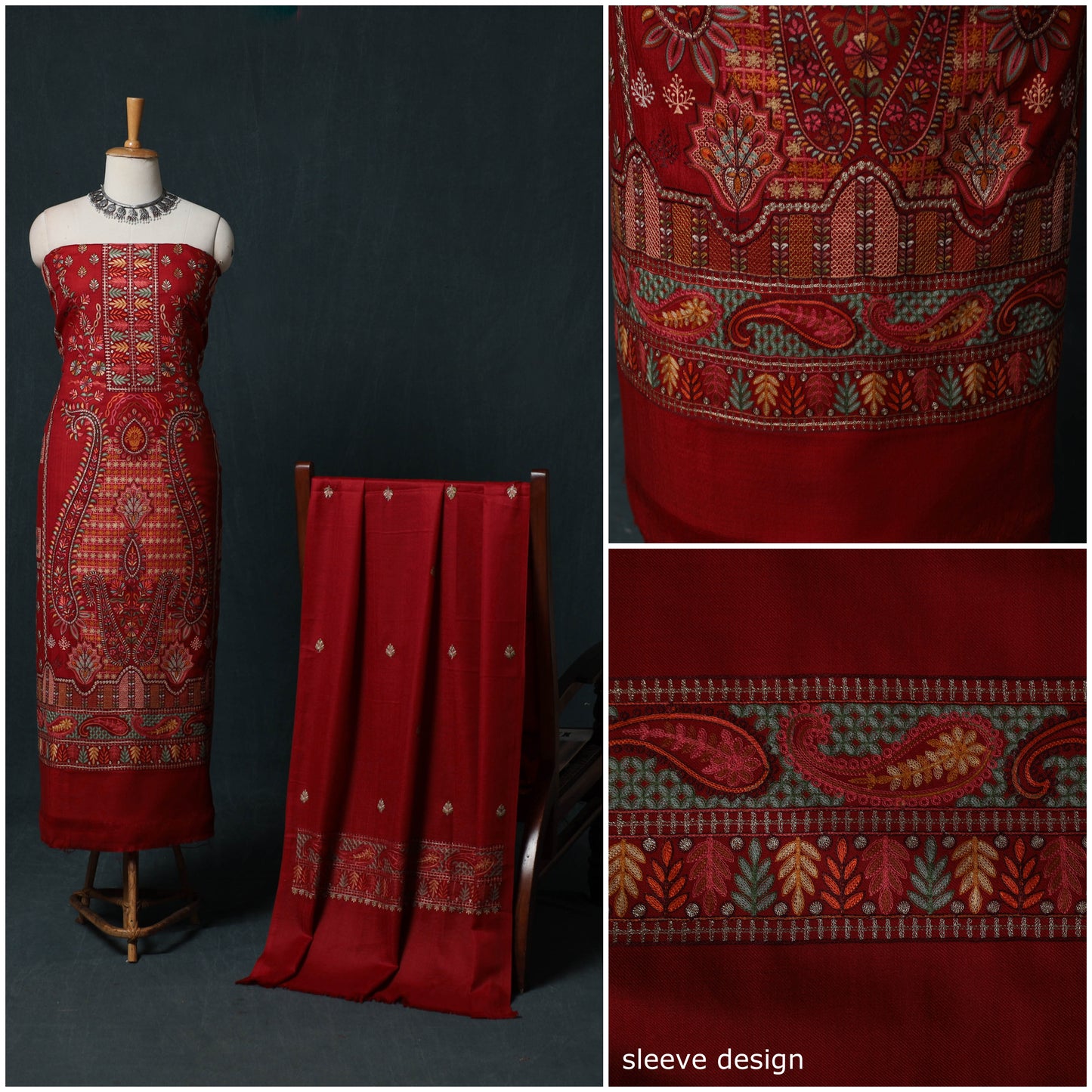 3pc Heavy Chain Stitch Embroidered Wool Unstitched Dress Material Suit Set 69