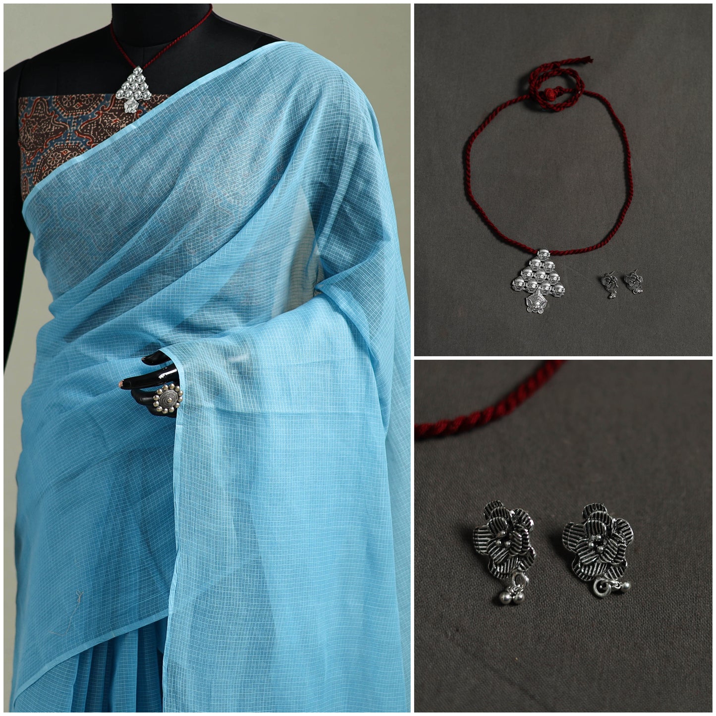 Blue - Nazaakat Kota Doria Cotton Plain Saree with Blouse & Jewellery Set 25
