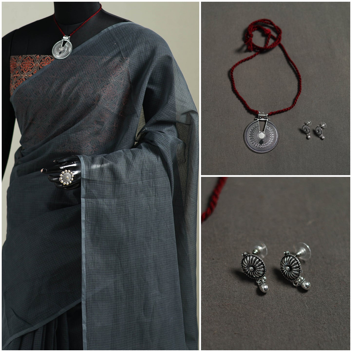 Grey - Nazaakat Kota Doria Cotton Plain Saree with Blouse & Jewellery Set 118