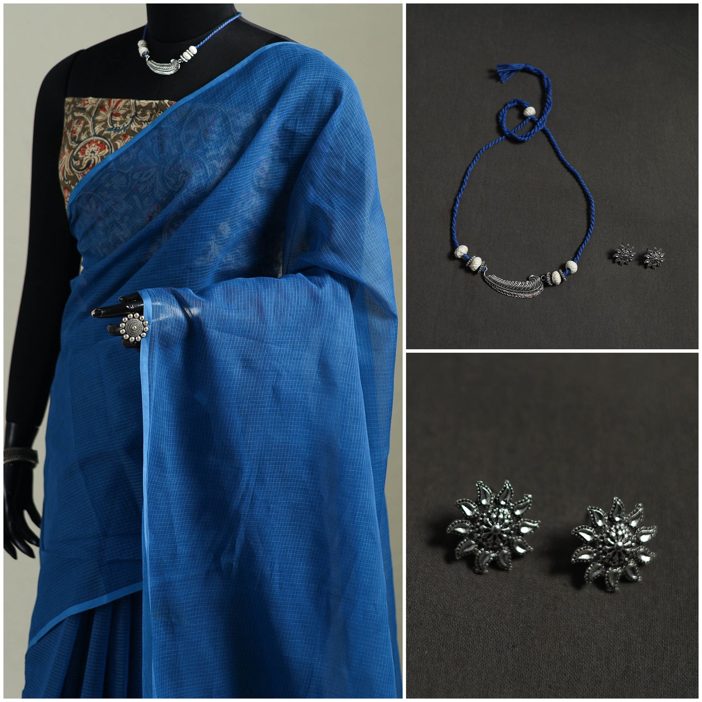 Blue - Nazaakat Kota Doria Cotton Plain Saree with Blouse & Jewellery Set 54