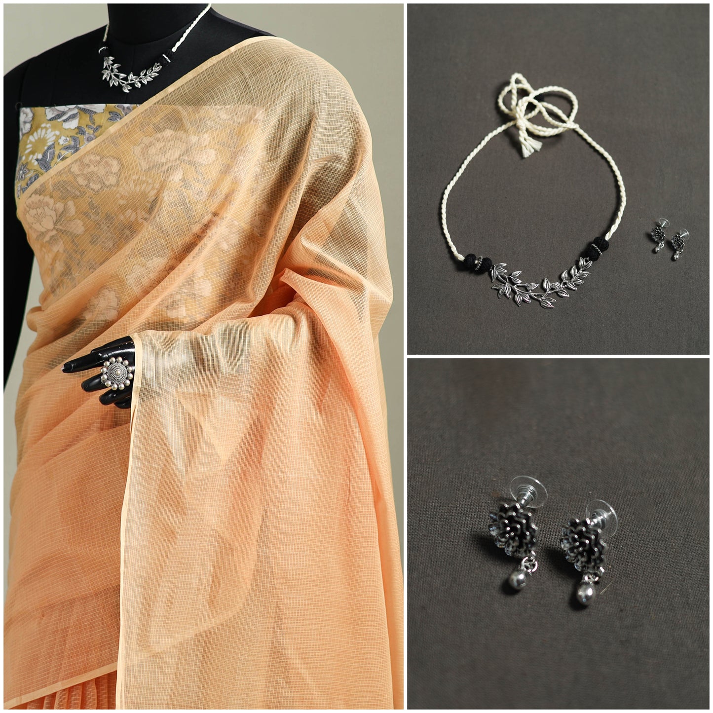Peach - Nazaakat Kota Doria Cotton Plain Saree with Blouse & Jewellery Set 119