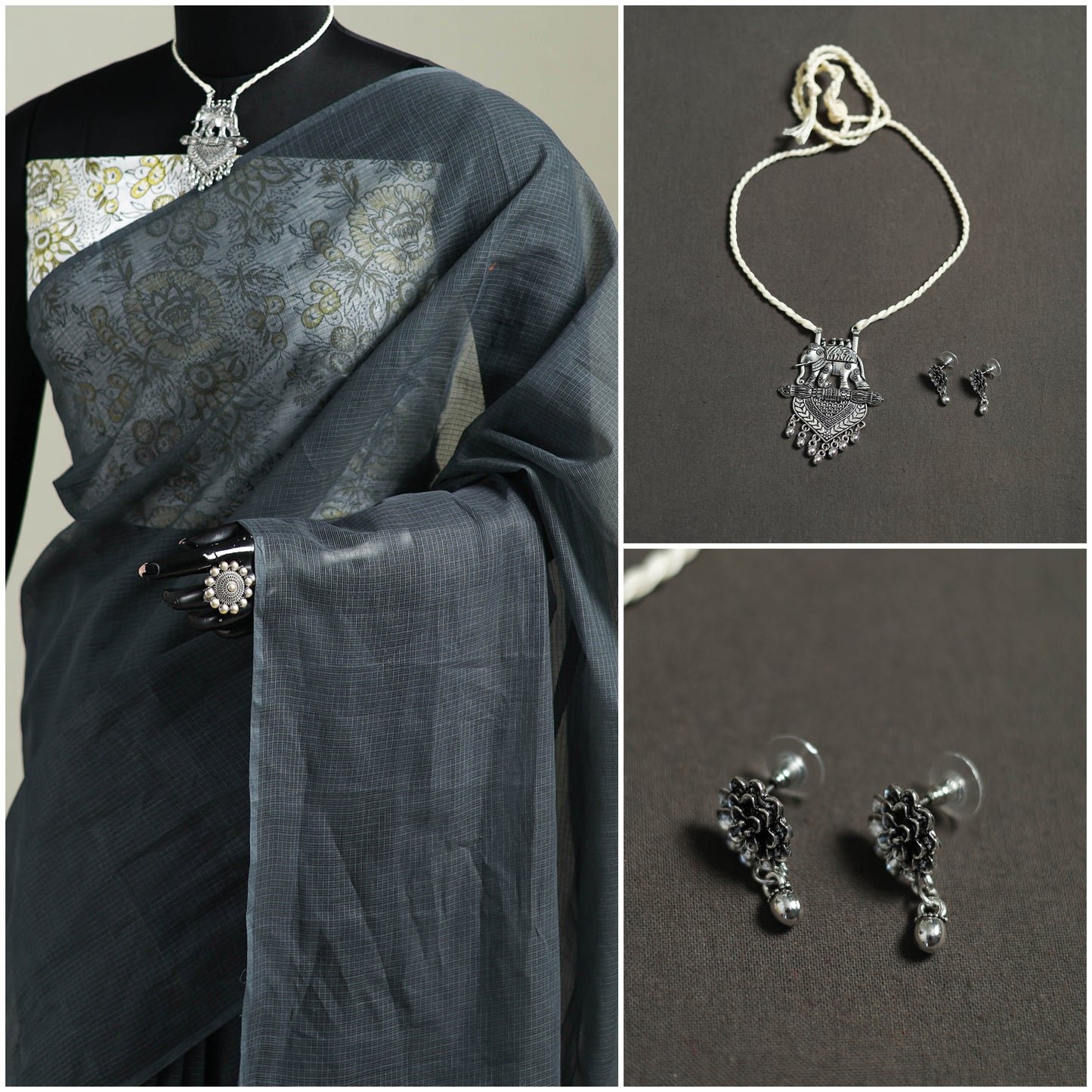 Grey - Nazaakat Kota Doria Cotton Plain Saree with Blouse & Jewellery Set 120