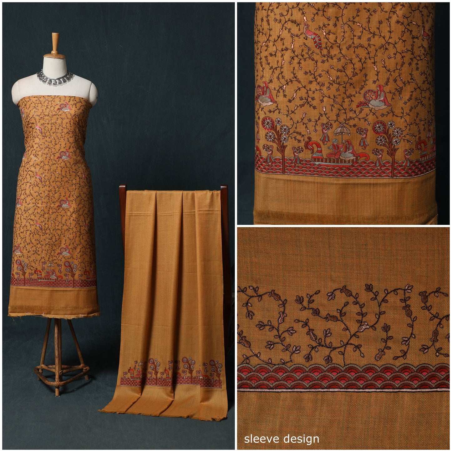 3pc Heavy Embroidered Wool Unstitched Dress Material Suit Set 27