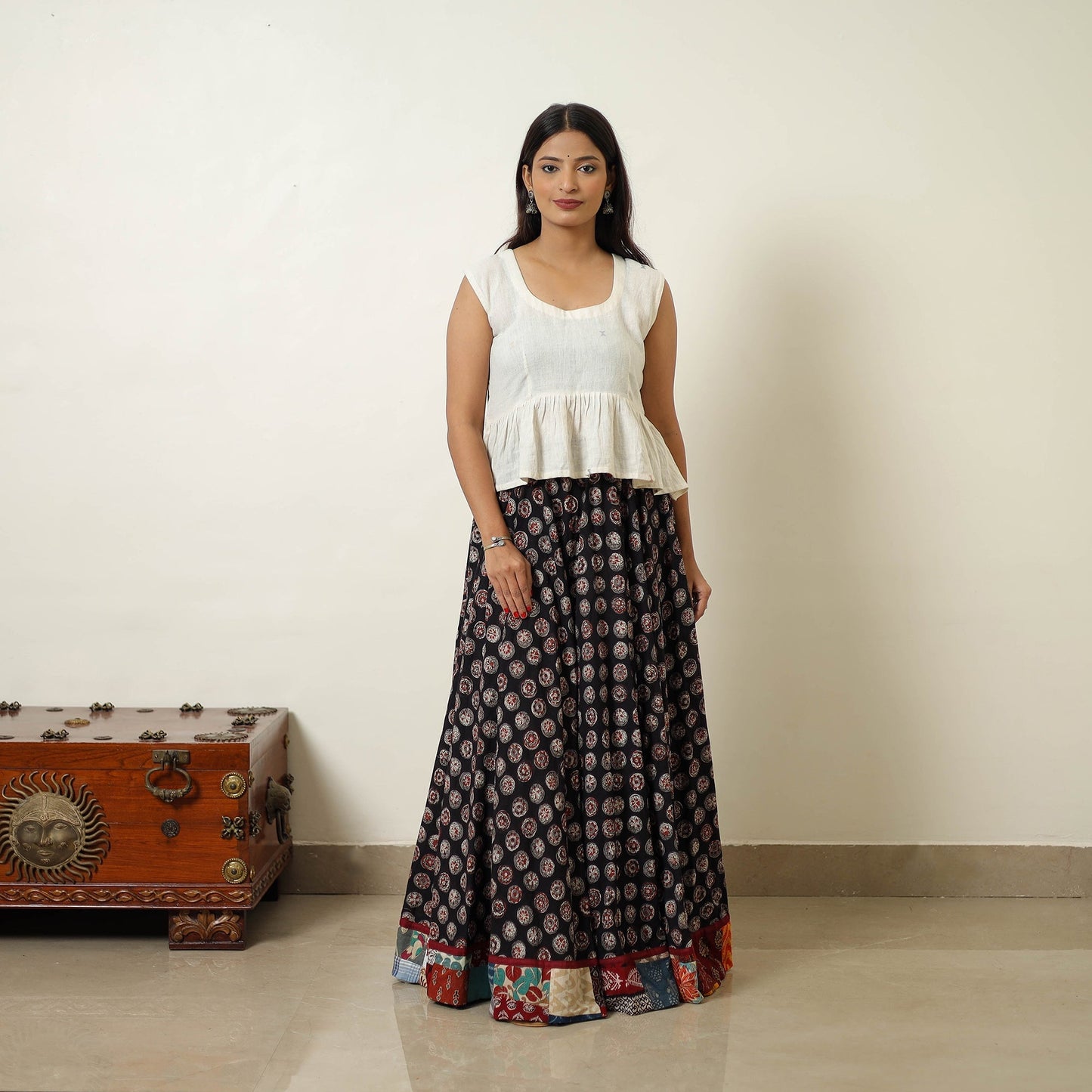 Black - hand printed cotton long bagru skirt 06