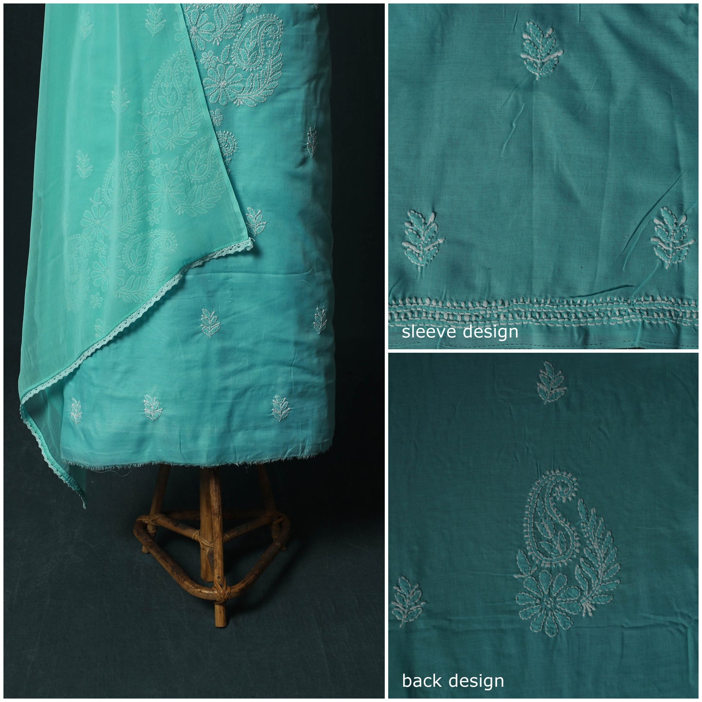 Blue - Lucknowi Chikankari Hand Embroidered Cotton 3pc Unstitched Dress Material Suit Set 28