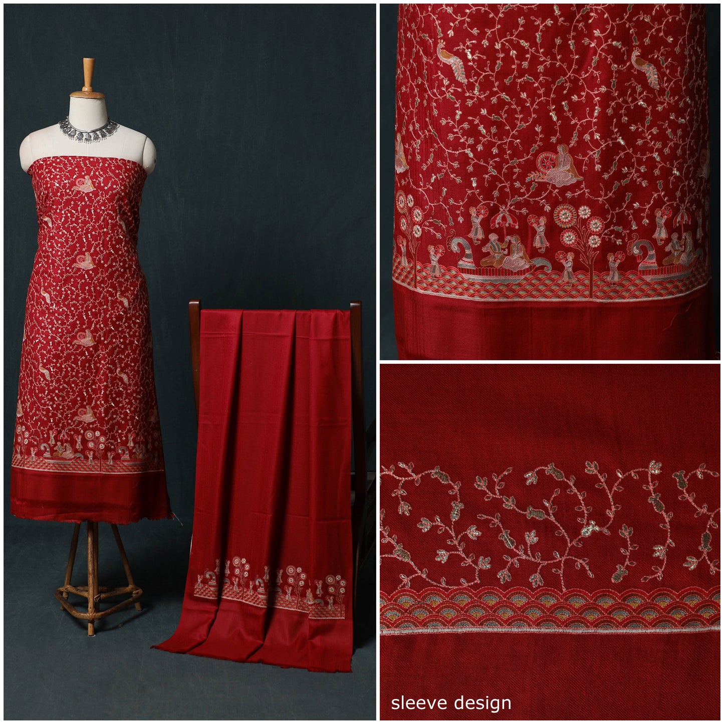3pc Heavy Embroidered Wool Unstitched Dress Material Suit Set 28