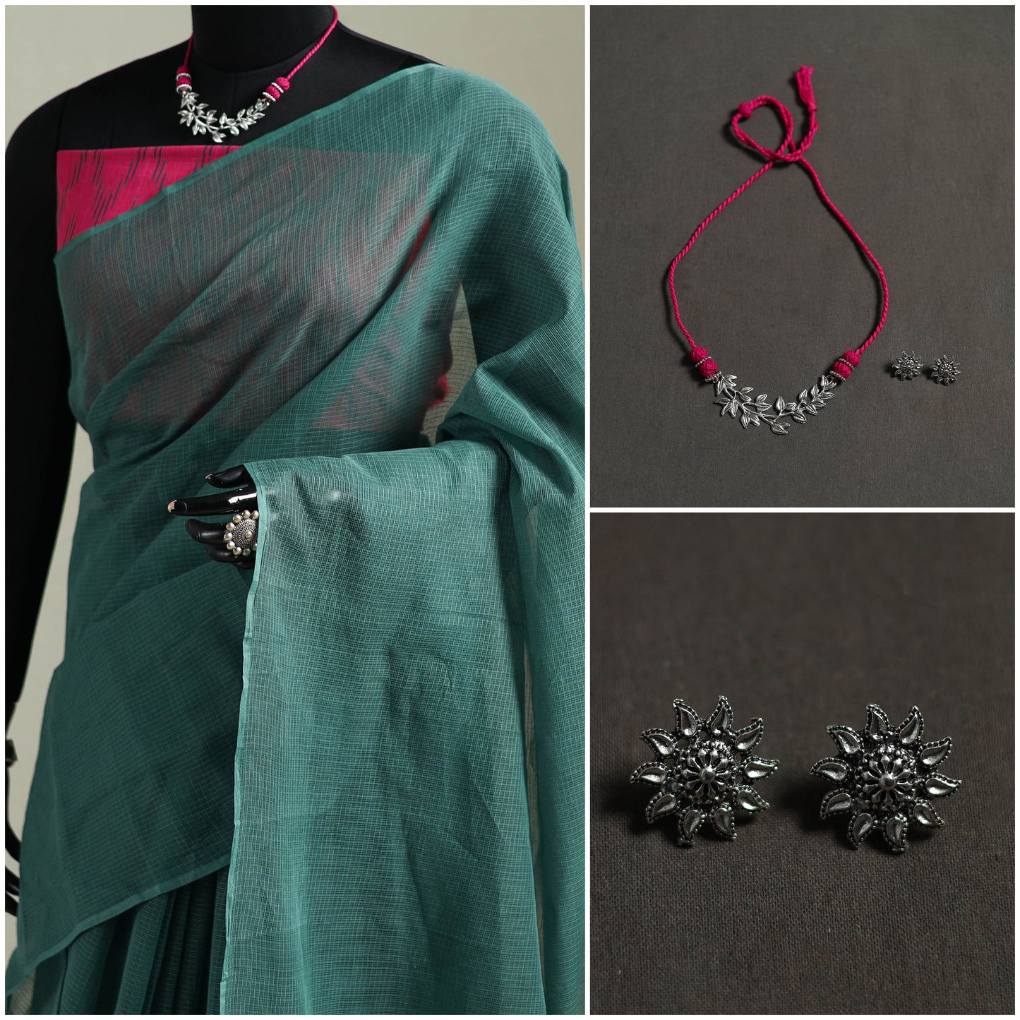Green - Nazaakat Kota Doria Cotton Plain Saree with Blouse & Jewellery Set 57