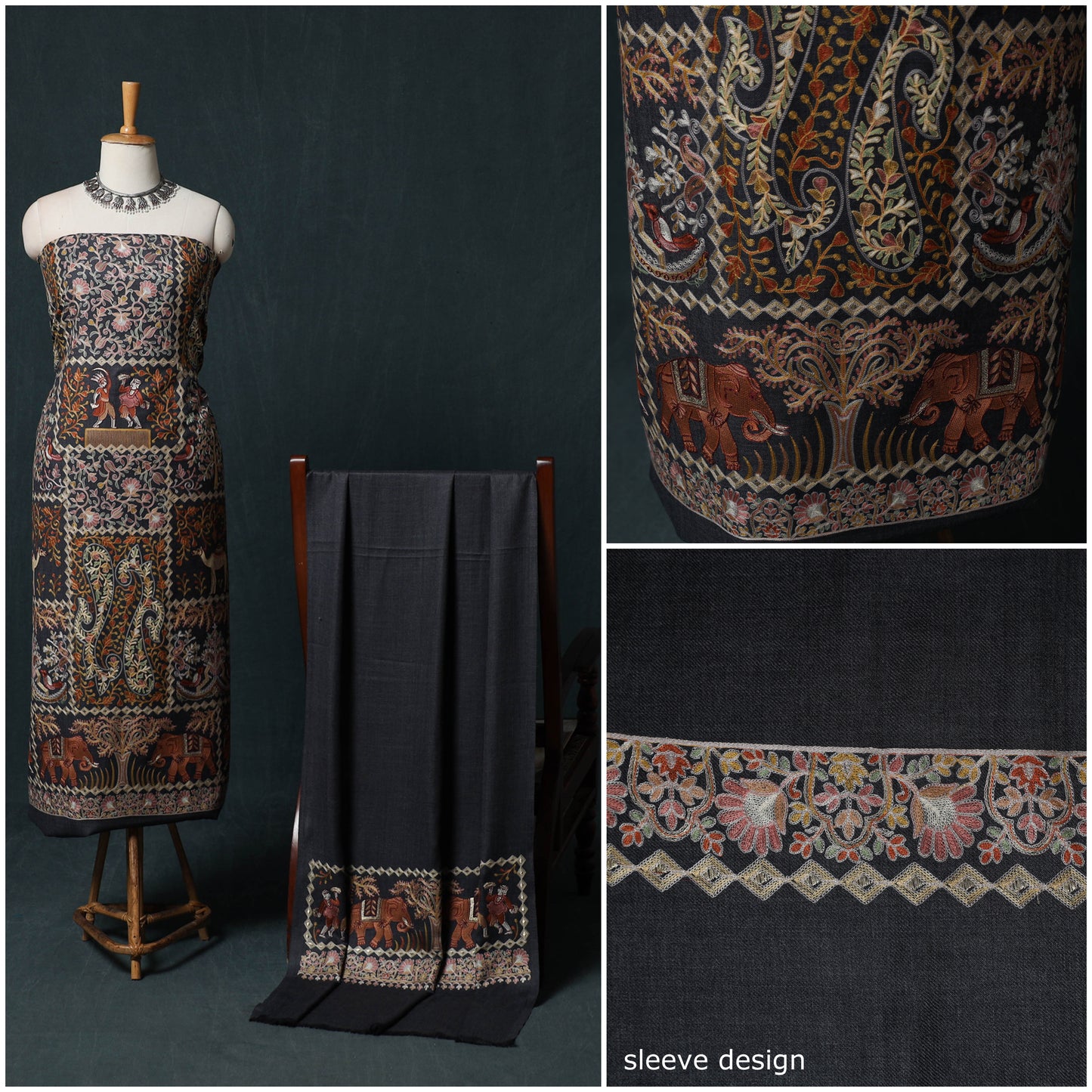 3pc Heavy Chain Stitch Embroidered Wool Unstitched Dress Material Suit Set 02