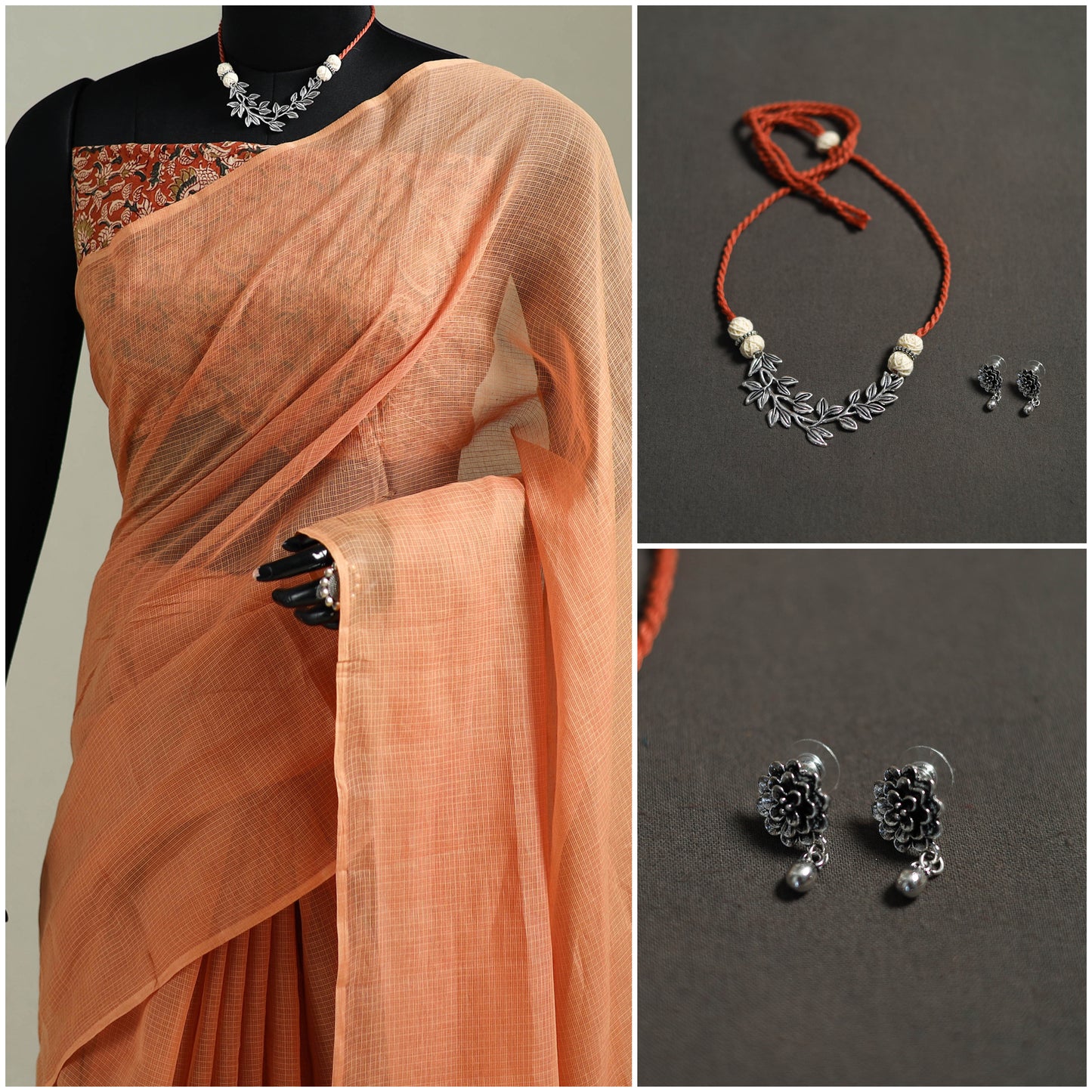 Peach - Nazaakat Kota Doria Cotton Plain Saree with Blouse & Jewellery Set 136
