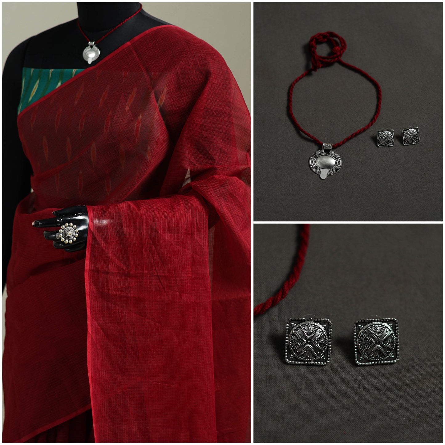 Red - Nazaakat Kota Doria Cotton Plain Saree with Blouse & Jewellery Set 188