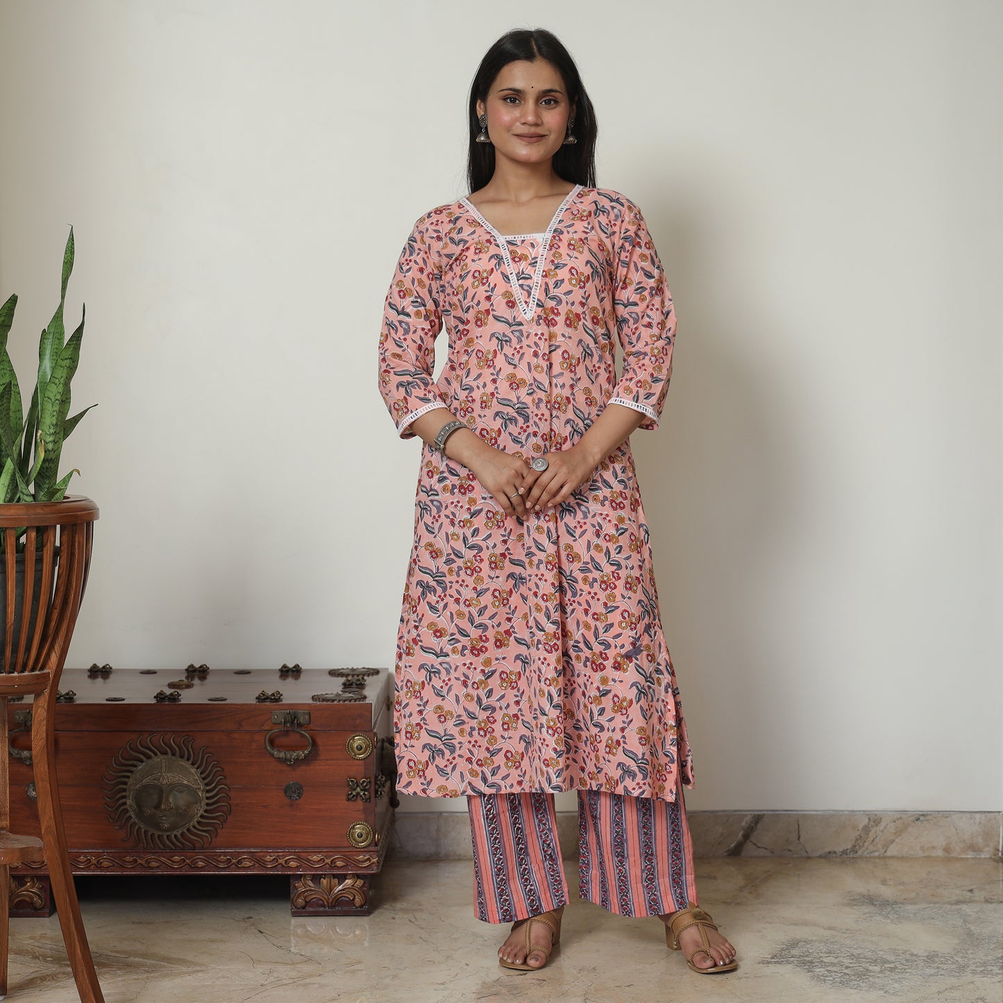 Peach - Sanganeri Block Printed Cotton Kurta with Palazzo Set 02