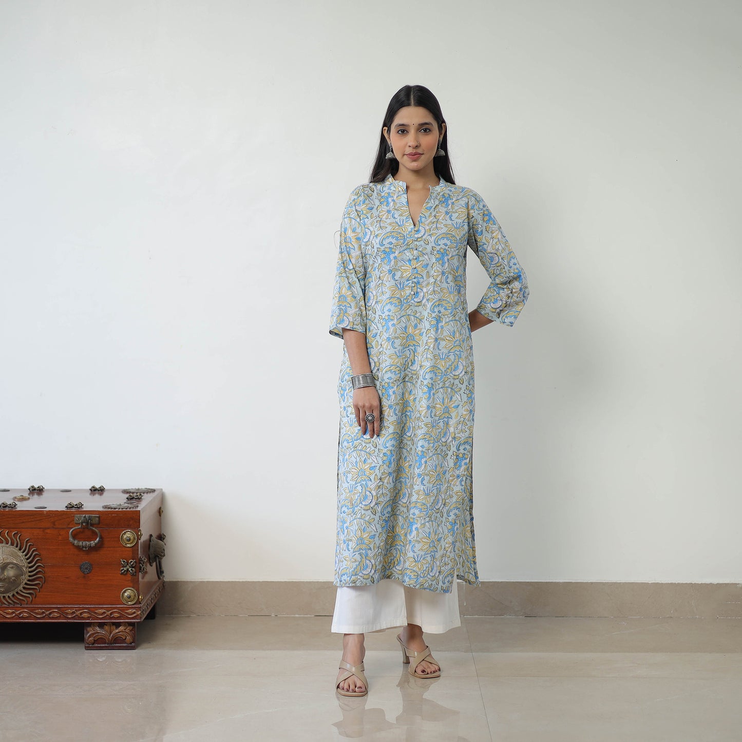 Buy Grey Straight Cotton Sanganeri Print Kurta for Women