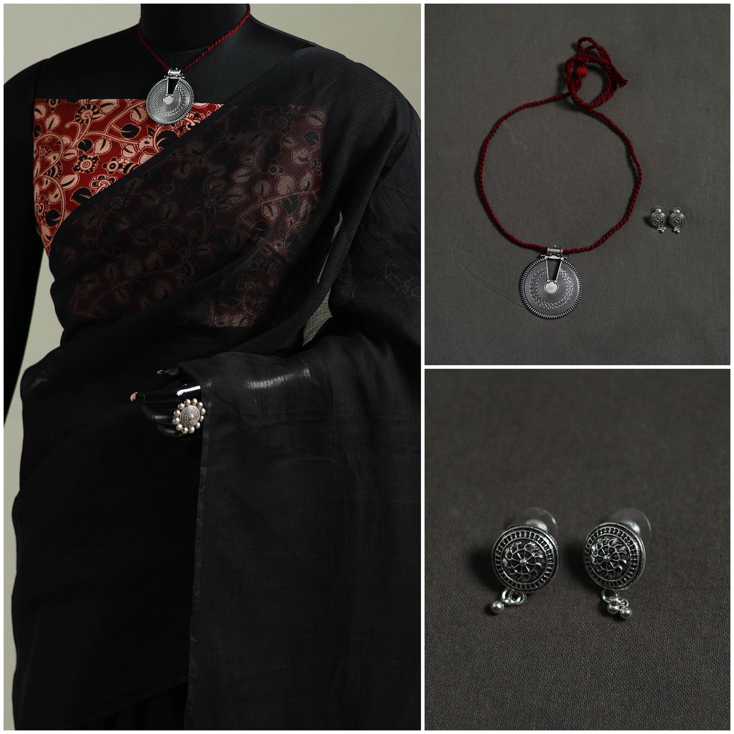 Black - Nazaakat Kota Doria Cotton Plain Saree with Blouse & Jewellery Set 02