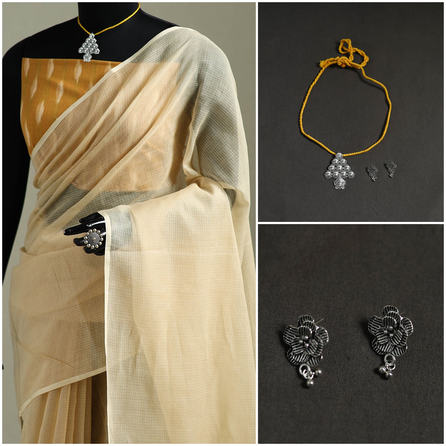 Beige - Nazaakat Kota Doria Cotton Plain Saree with Blouse & Jewellery Set 30