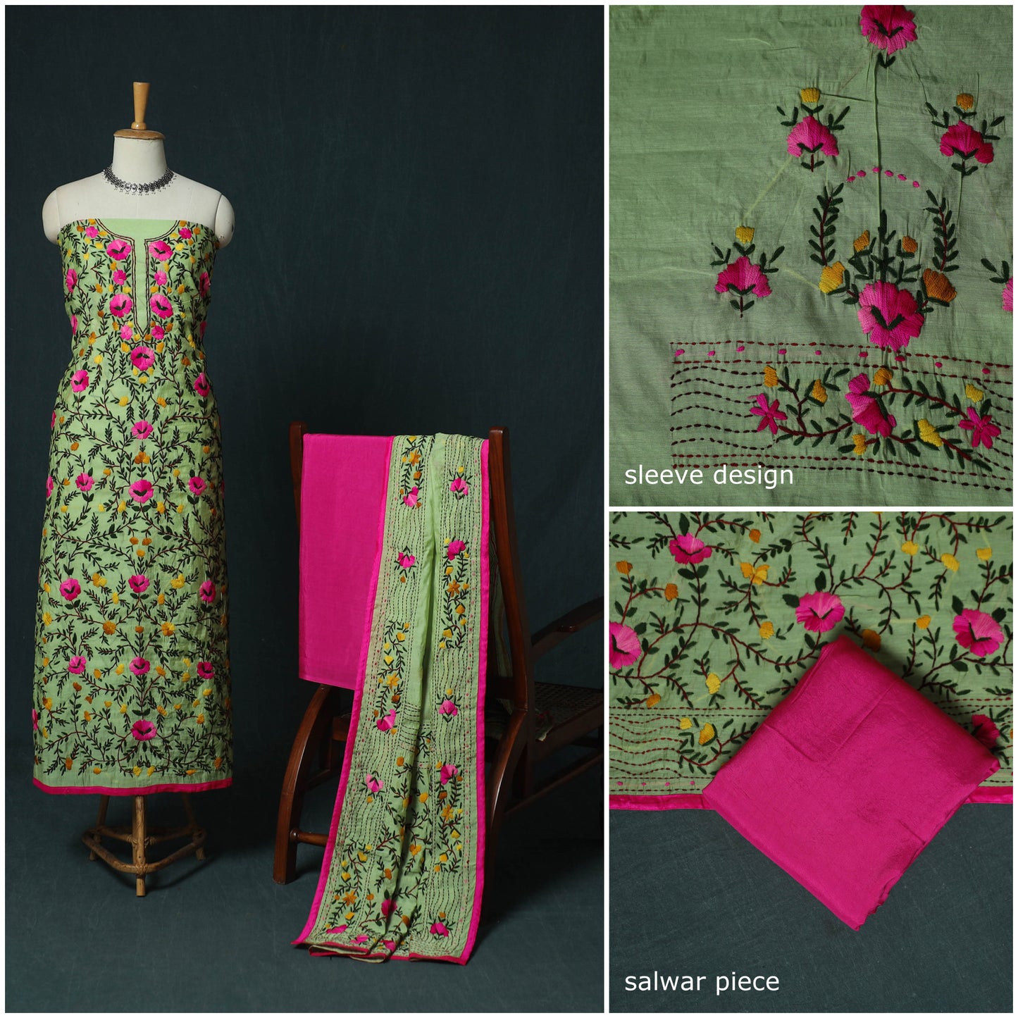 Green - Hand Embroidered Chanderi Silk 3pc Unstitched Dress Material 32