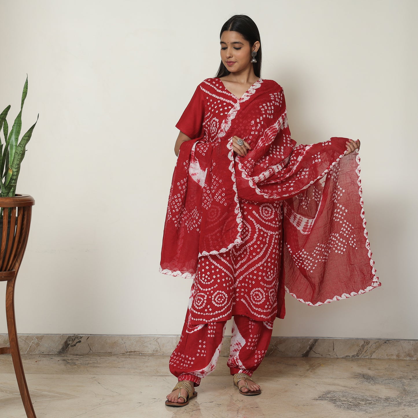 Red - Bandhani Tie-Dye Cotton Kurta with Afghani Salwar & Dupatta Set 01