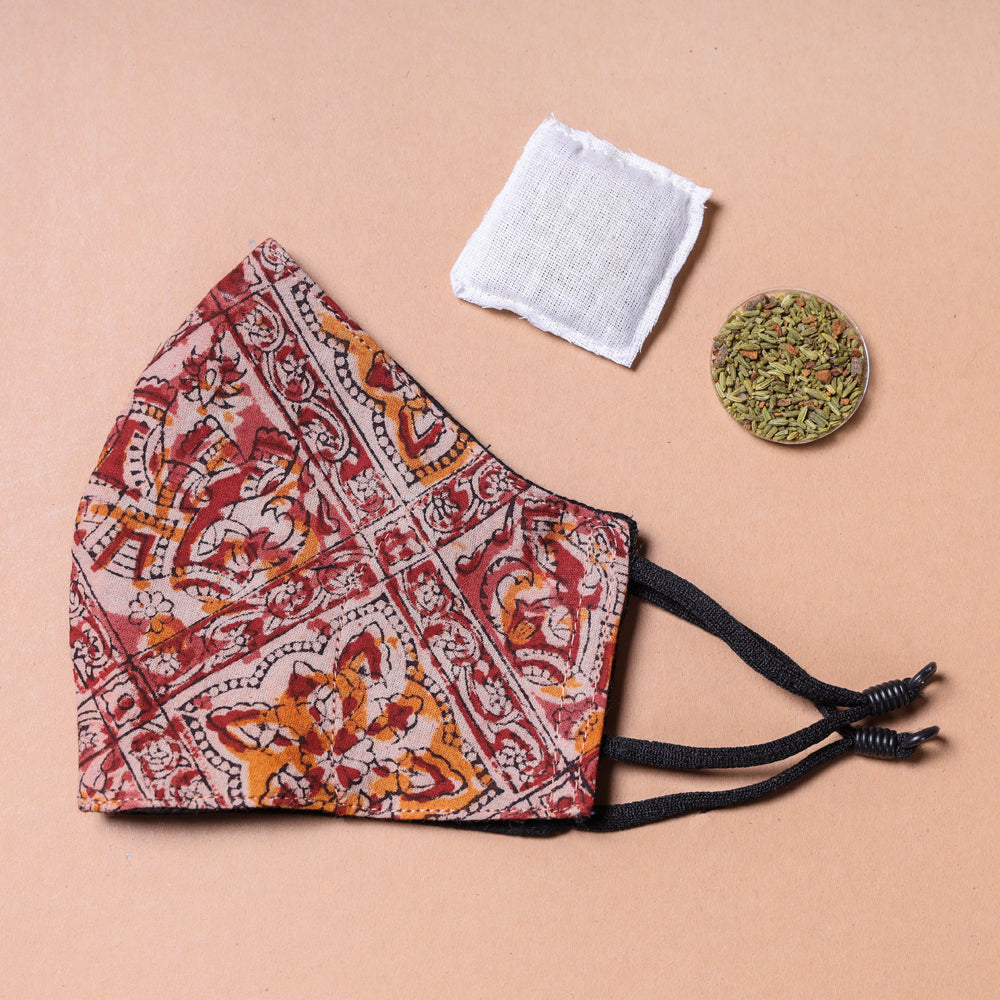 Herb Pocket kalamkari Block Printed Cotton 3 Layer Snug Fit Face Cover