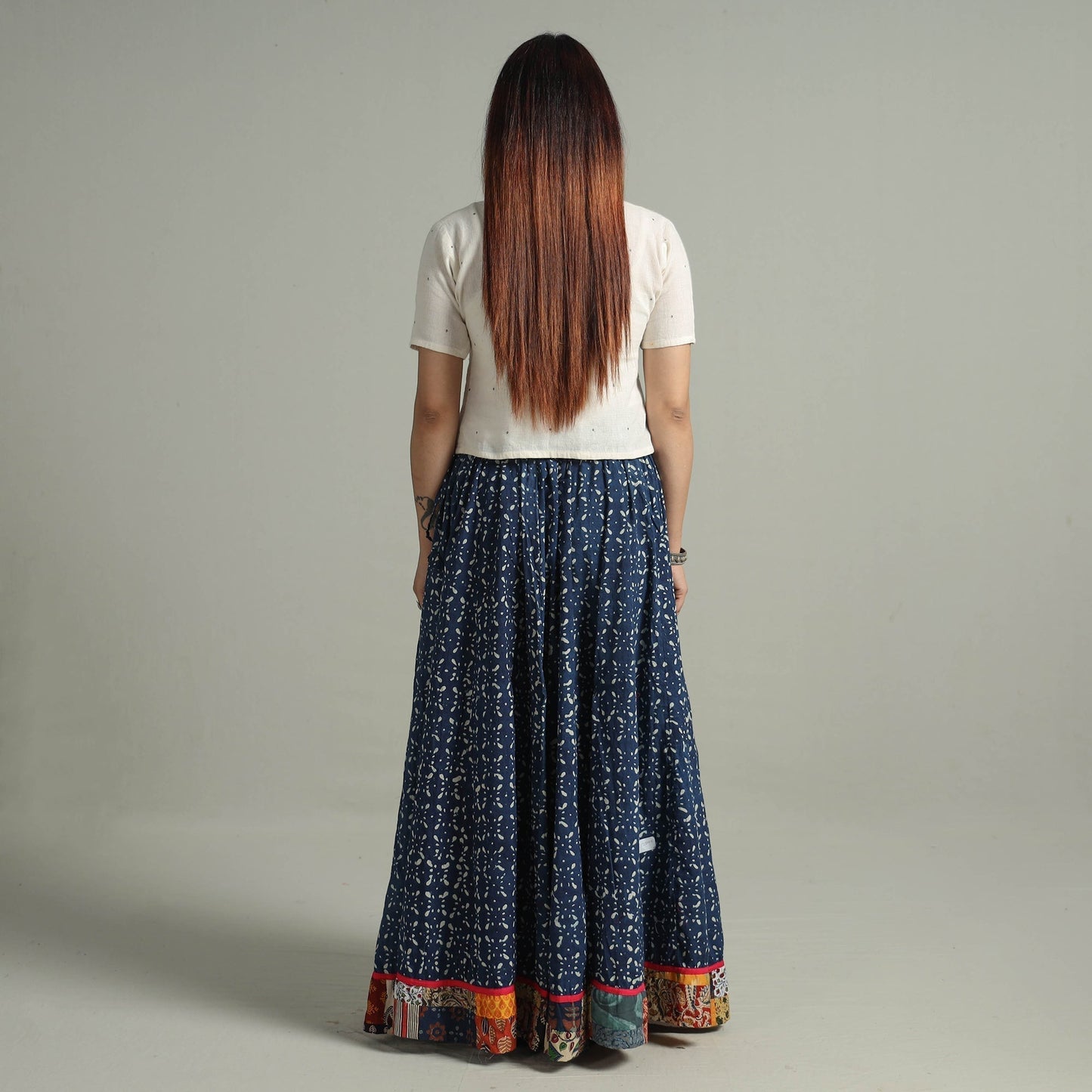 Indigo Block Printed 24 Kali Patchwork Cotton Long Skirt 03