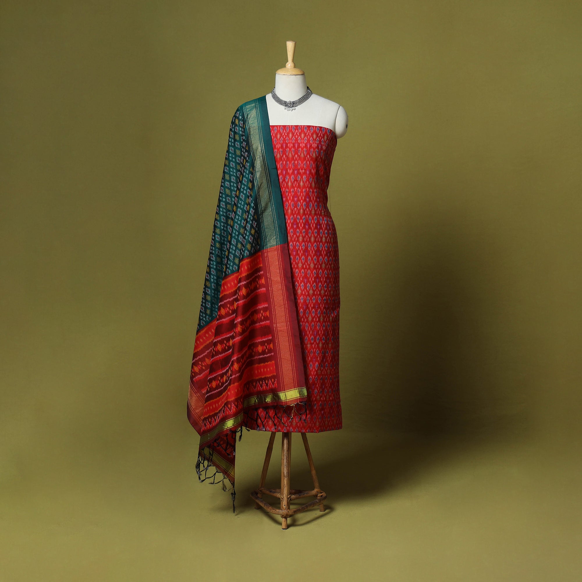 Red 2pc Unstitched Handloom Sico Pochampally Ikat Dress Material Suit Set