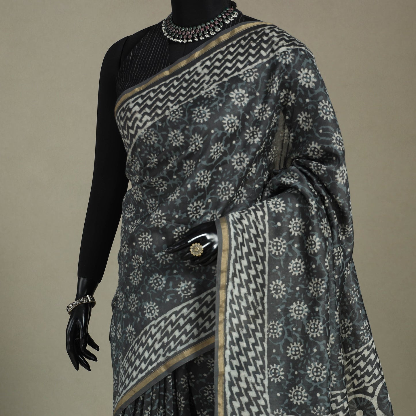 Block Print Chanderi Silk Bagru Saree with Zari Border