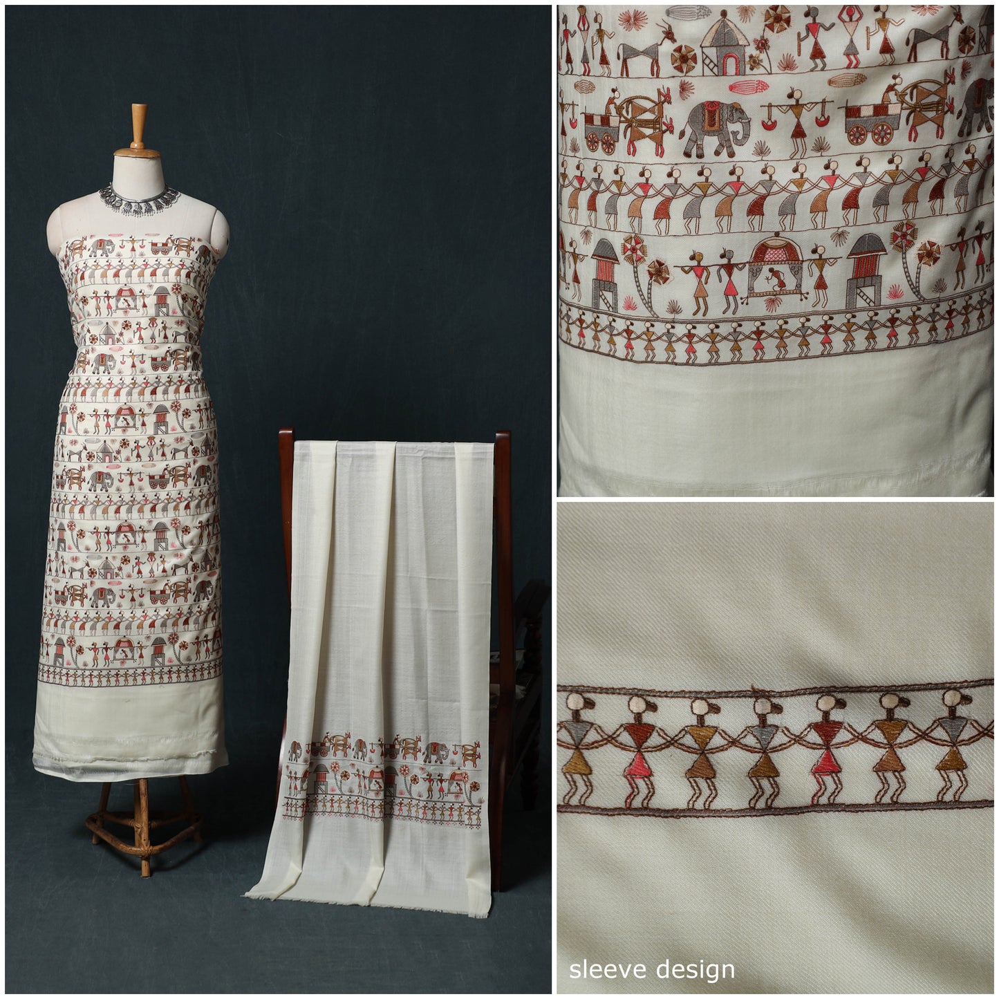 3pc Heavy Embroidered Wool Unstitched Dress Material Suit Set 74