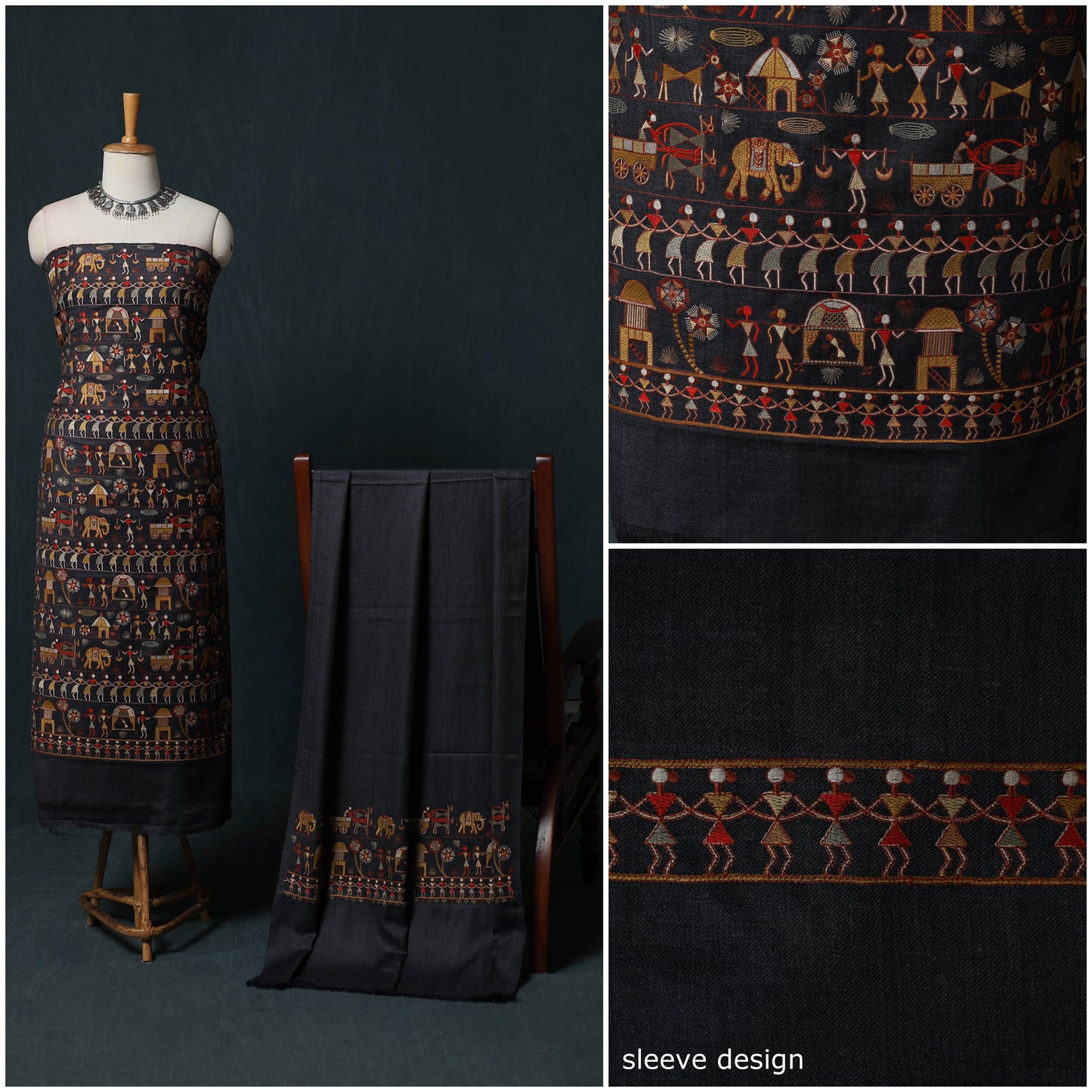 3pc Heavy Embroidered Wool Unstitched Dress Material Suit Set 75