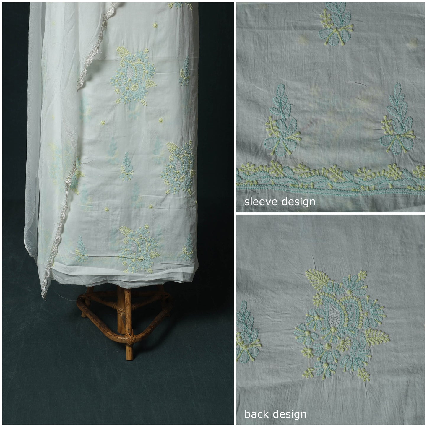 White - Lucknowi Chikankari Hand Embroidered Mul Cotton 3pc Unstitched Dress Material Suit Set 31