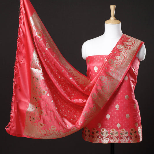 Pink - 3pc Banarasi Zari Weave Cutwork Semi Silk Suit Material Set
