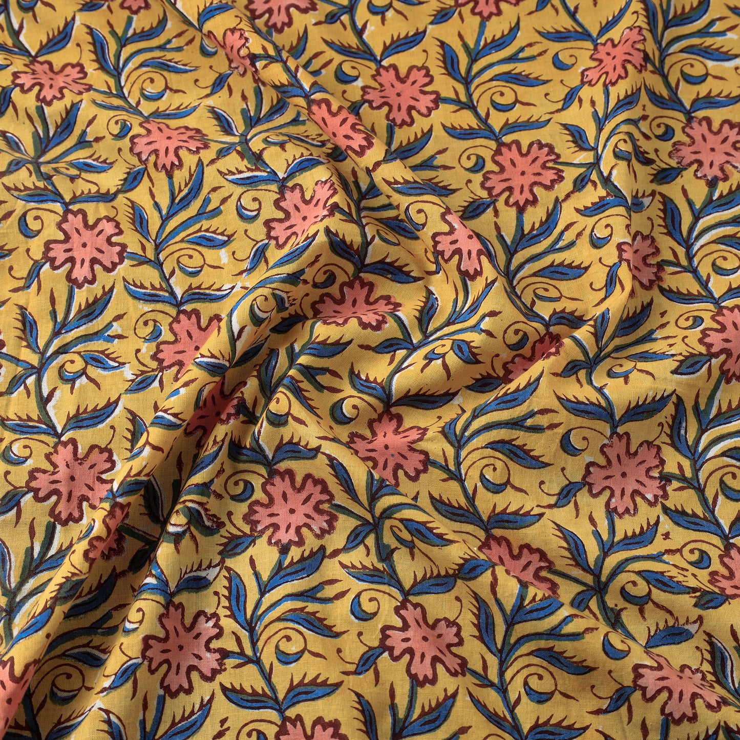 Yellow - Sanganeri Block Printed Mul Cotton Fabric 07