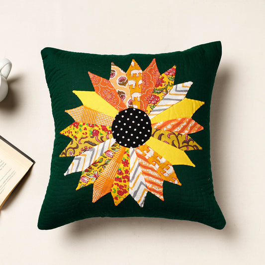 Green - Applique Quilted Cotton Cushion Cover (16 x 16 in)