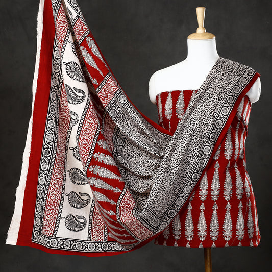 Red - 3pc Bagh Block Printed  Natural Dyed Cotton Suit Material Set 54