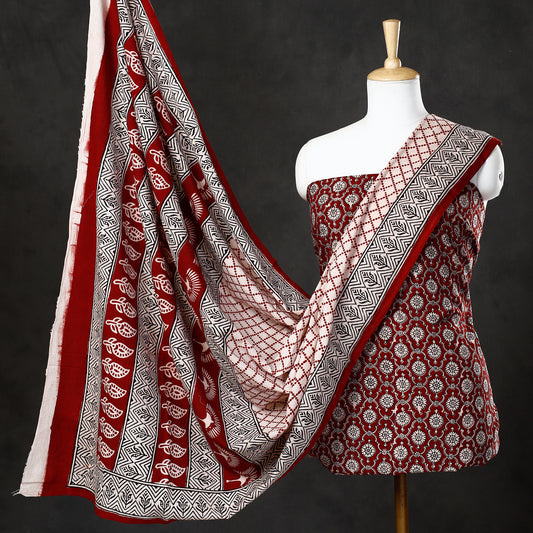 Red - 3pc Bagh Block Printed  Natural Dyed Cotton Suit Material Set 59