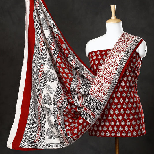 Red - 3pc Bagh Block Printed  Natural Dyed Cotton Suit Material Set 63