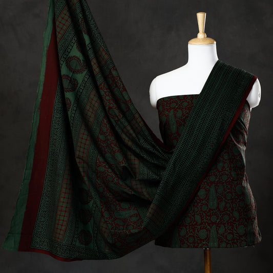 Green - 3pc Bagh Block Printed  Natural Dyed Cotton Suit Material Set 69
