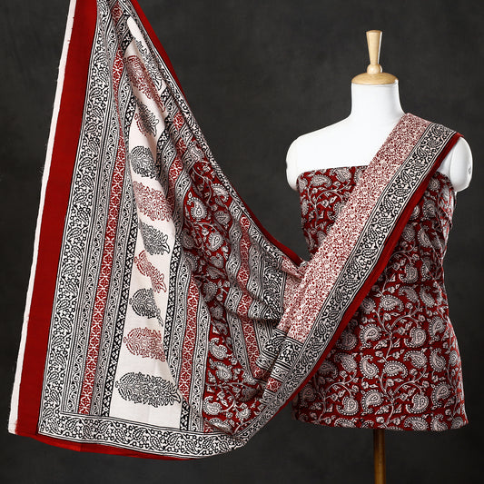 Red - 3pc Bagh Block Printed  Natural Dyed Cotton Suit Material Set 70