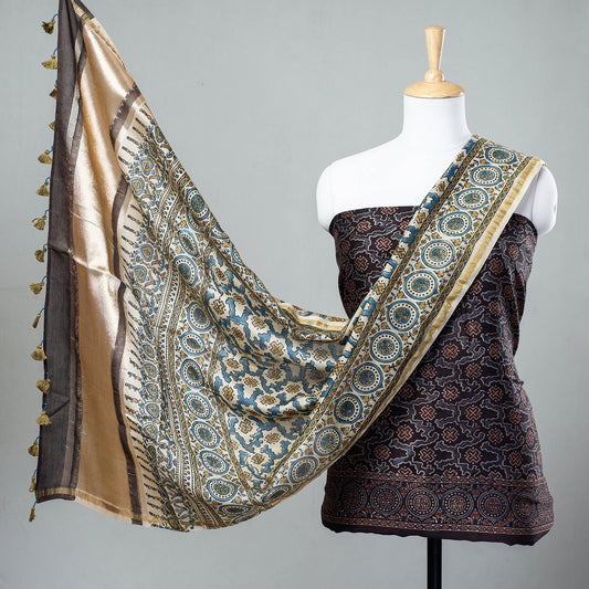Brown - 2pc Ajrakh Block Printed Chanderi Silk Suit Material Set
