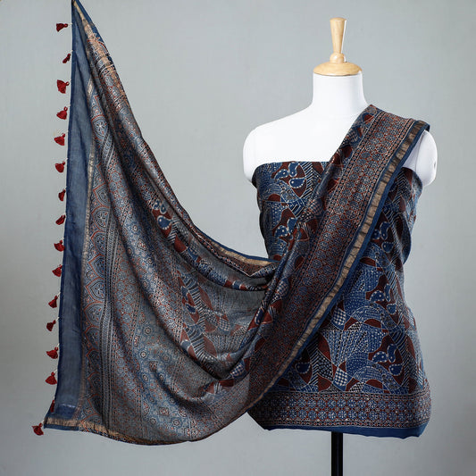 Blue - 2pc Ajrakh Block Printed Chanderi Silk Suit Material Set